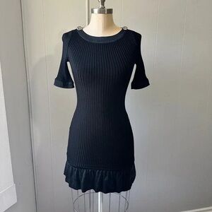 Classic Black Ribbed Knit Dress with Ruffle Hem